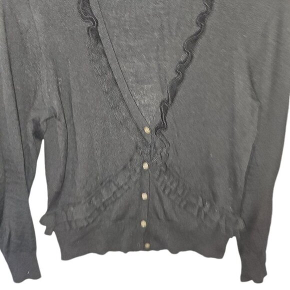 J. Crew Black Cardigan 100% Merino Wool‎ L Large Ruffle Lightweight Soft - Picture 5 of 11